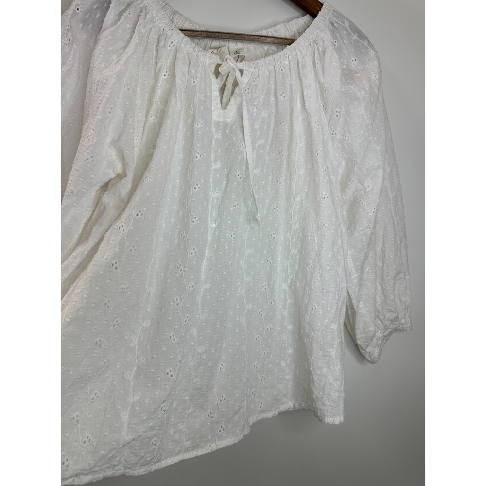 New Joie White Eyelet Cotton Blouse Size Large Top Boho Peasant Cottagecore - Picture 4 of 11